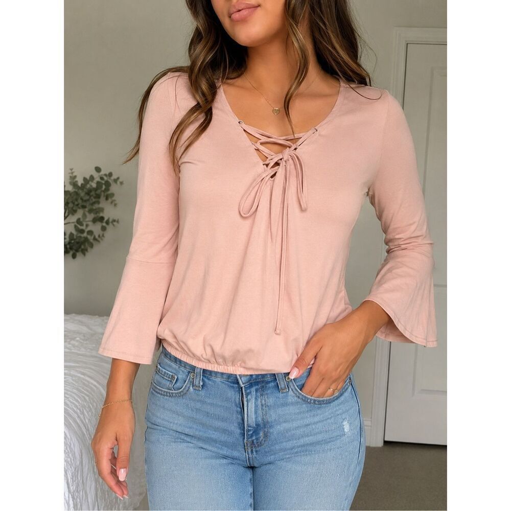 Aeropostale XS Blush Pink Lace Up Bell Sleeve Boho Peasant Top